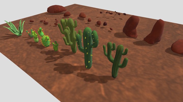 Desert Cacti and Rocks Low Poly Mobile Ready 3D Model