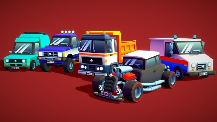 5 Low Poly Toon City Cars 3D Model