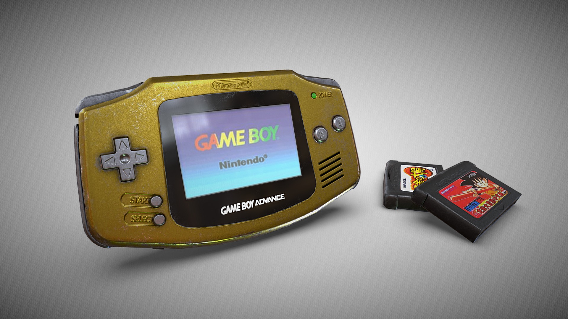 3D model The Gold GBA  #RetroElectronicsChallenge - This is a 3D model of the The Gold GBA  #RetroElectronicsChallenge. The 3D model is about a black and yellow electronic device.