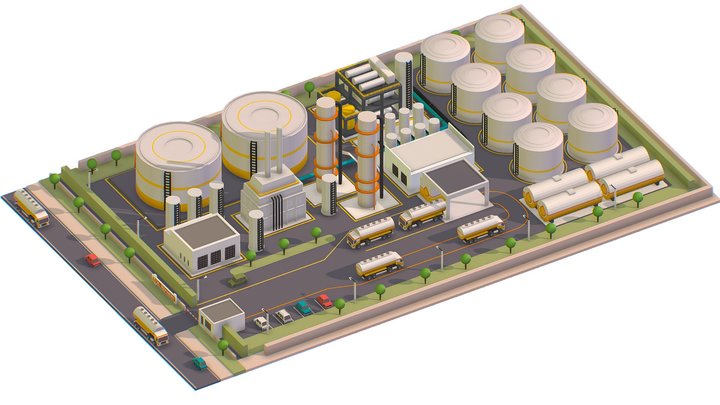 Isometric Oil Processing Plant Complex Crude 3D Model