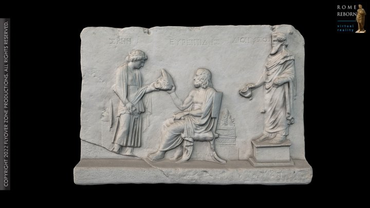 3D rendering of Relief with Euripides, Skene, Dionysus