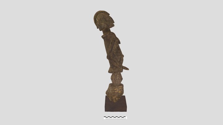 Wizerunek przodka, łączącego w sobie cechy obu płci. Wyraźnie zaznaczone są piersi kobiece oraz penis - co rzadko spotyka się w sztuce dogońskiej. Forma zgeometryzowana. Części ciała płasko wyrzeźbione w bryle drewna. Pokryta patyną. Figura związana z kultem przodków.