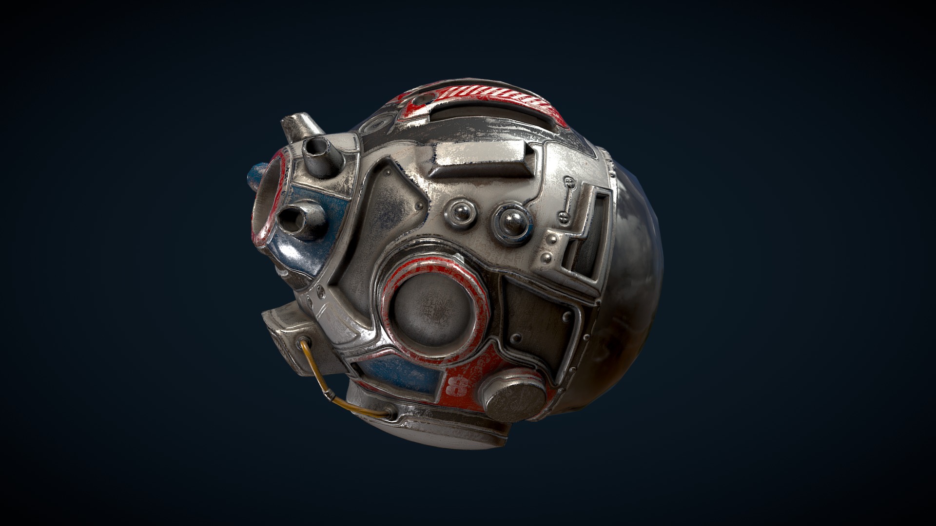 3D model Little Submarine - This is a 3D model of the Little Submarine. The 3D model is about a metal helmet with a red and black design.