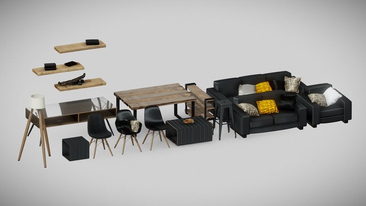 Living room - Furniture, Chairs, Sofa and Props 3D Model