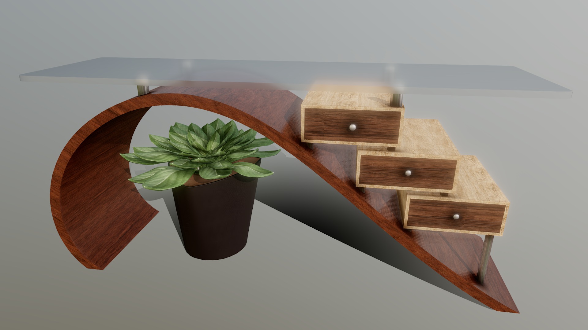 3D model Curved Table - This is a 3D model of the Curved Table. The 3D model is about a wooden table with a plant on it.