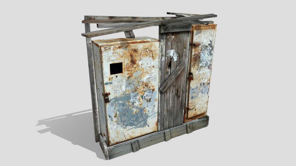 Old rusty electrical box with wooden boards
