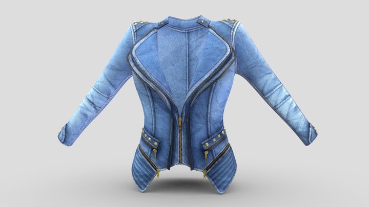 Double Lapel Zipped Up Denim Jacket With Rivets 3D Model