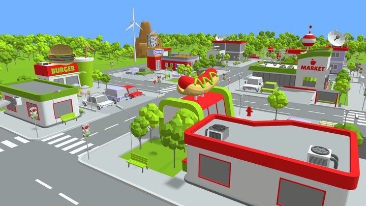 Cartoon Low Poly City 3D Model