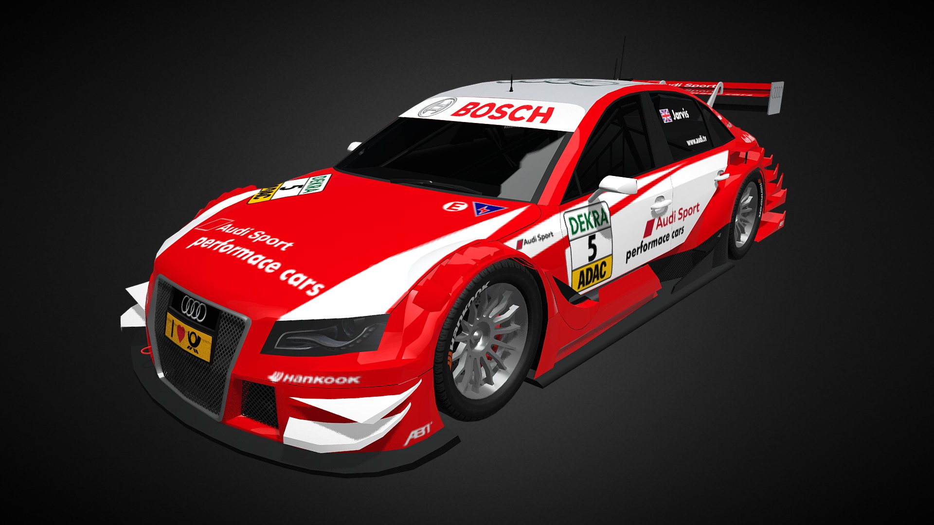 3D model Audi A4 DTM 2011 – Oliver Jarvis - This is a 3D model of the Audi A4 DTM 2011 - Oliver Jarvis. The 3D model is about a red and white race car.