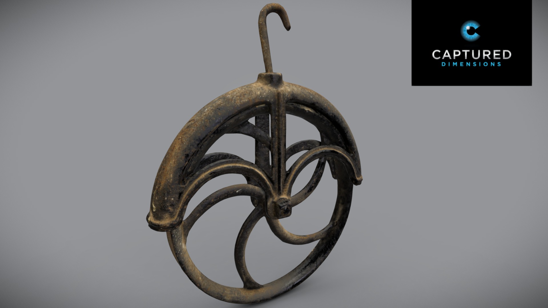 3D model Rustic Water Well Wheel Pulley - This is a 3D model of the Rustic Water Well Wheel Pulley. The 3D model is about a metal object with a handle.