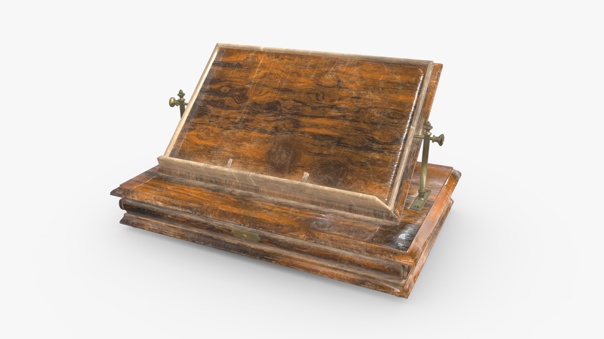 3D model Old Bookrest - This is a 3D model of the Old Bookrest. The 3D model is about a wooden chest with a person standing on top.