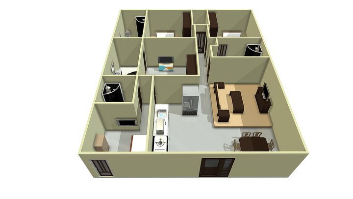 Floor-plan 120m^2 (3Bhk + Servant Quarter) 3D Model