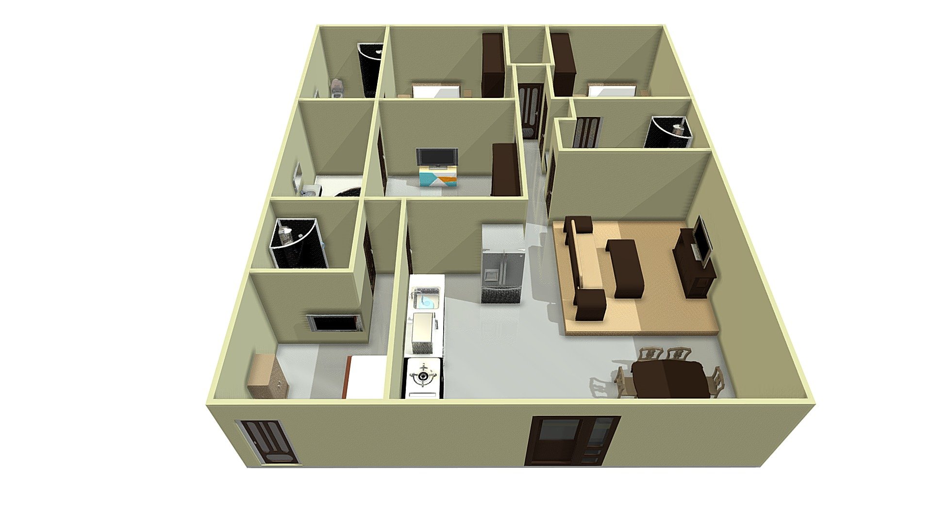 Floor-plan 120m^2 (3Bhk + Servant Quarter) - 3D model by INDRO DESIGNS  (@indro1997) [579e904]