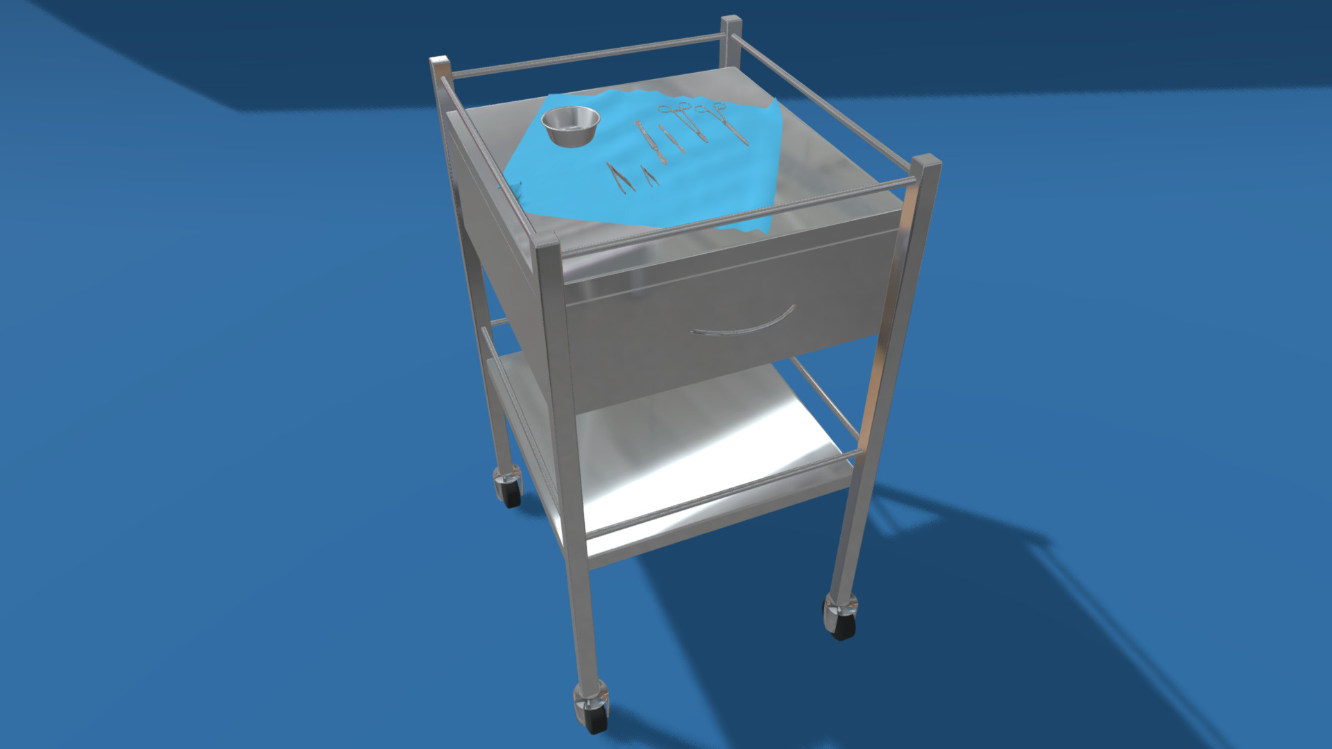 3D model Medical Cart with Implements - This is a 3D model of the Medical Cart with Implements. The 3D model is about a white chair with a blue background.