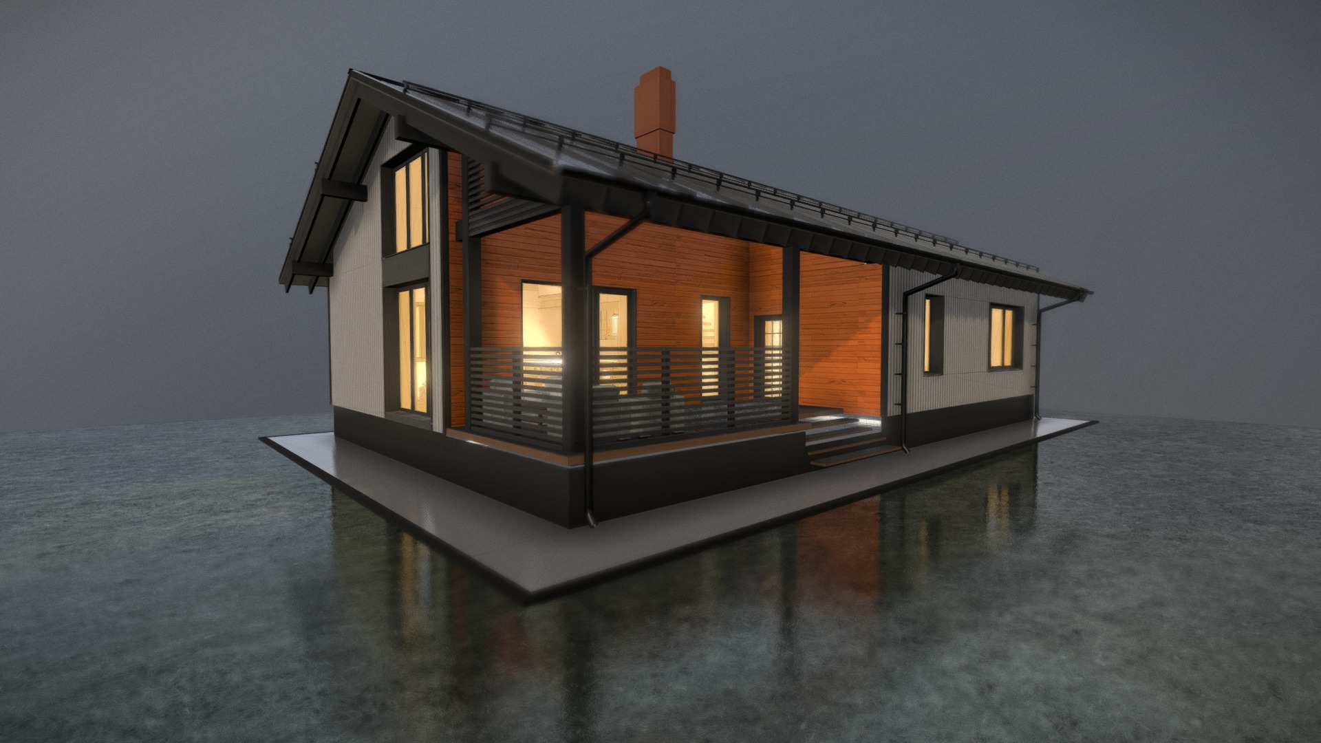 3D model 1 floor cottage with sub level Color2 - This is a 3D model of the 1 floor cottage with sub level Color2. The 3D model is about a house with a glass front.