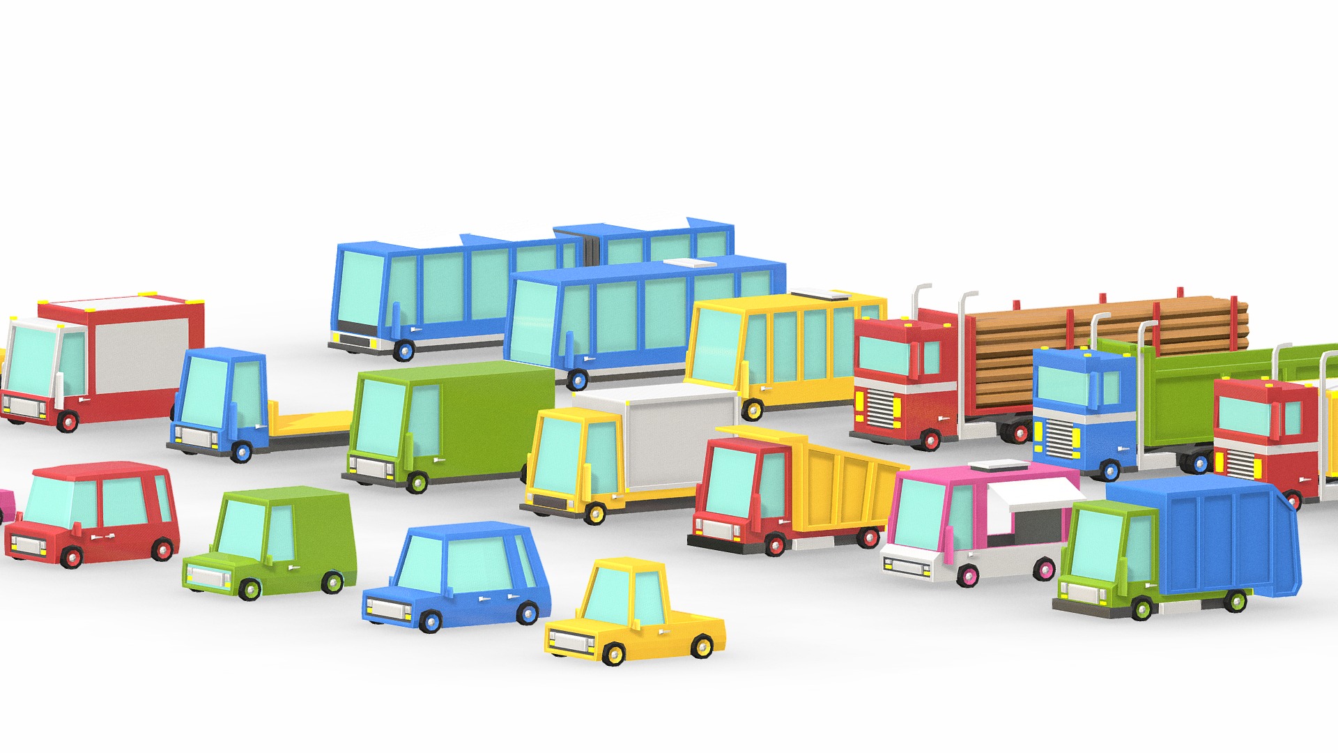3D model Low Poly Cartoon City Cars - This is a 3D model of the Low Poly Cartoon City Cars. The 3D model is about a group of toy trucks.
