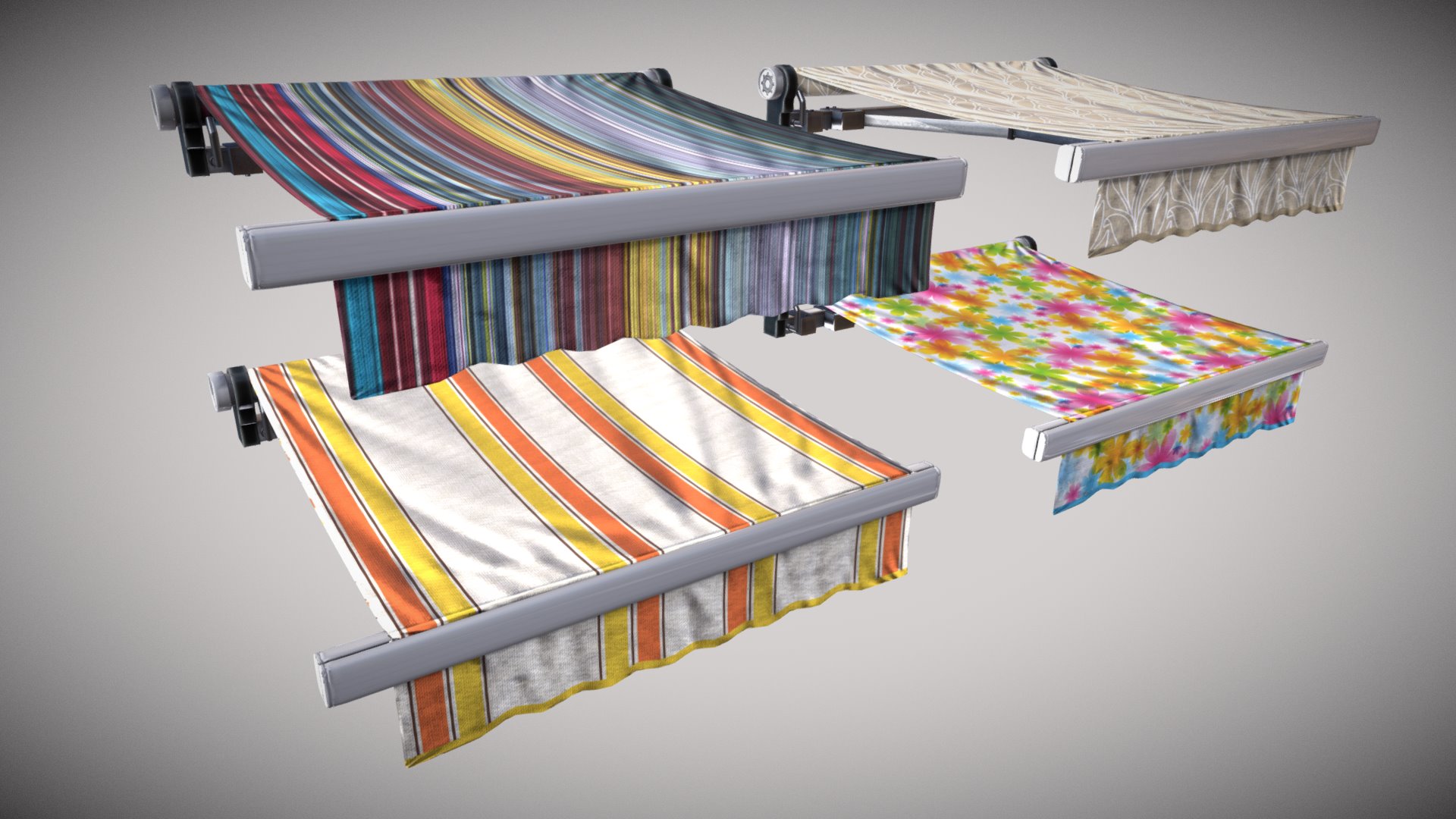 3D model Awnings - This is a 3D model of the Awnings. The 3D model is about a group of colorful striped objects.