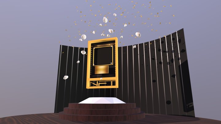 Golden NFT Card in a flashy display scene 3D Model