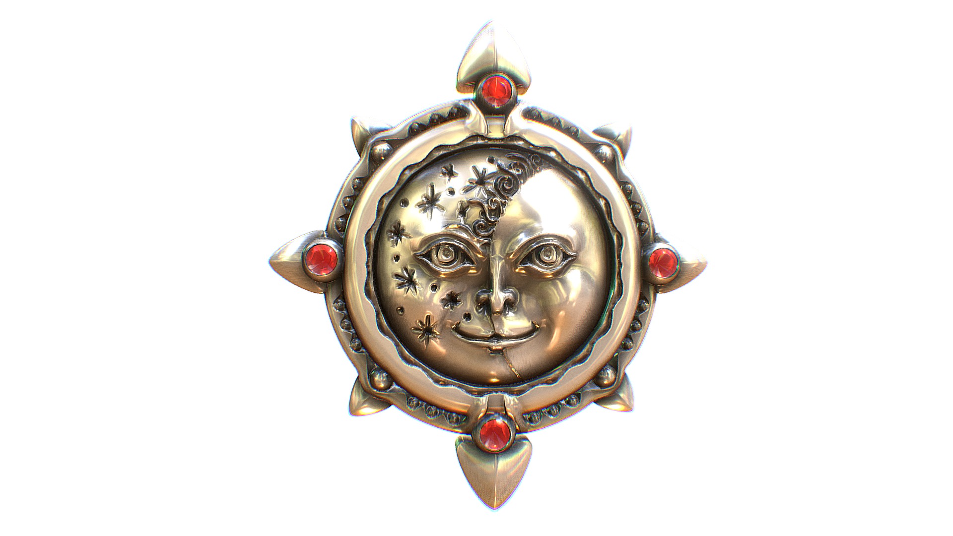 3D model Sun and Moon - This is a 3D model of the Sun and Moon. The 3D model is about a metal mask with a red ball.