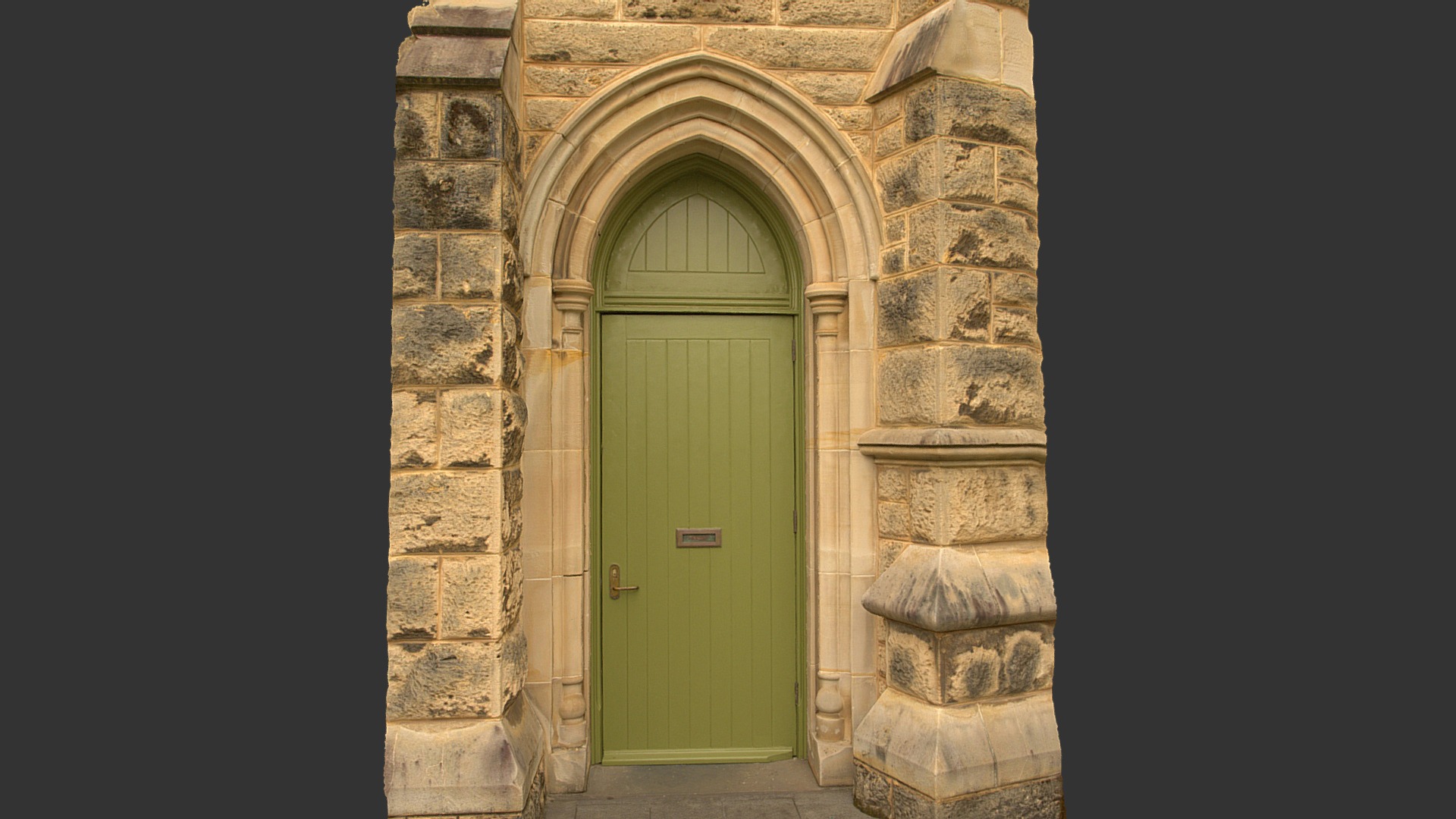3D model Church door - This is a 3D model of the Church door. The 3D model is about a green door in a stone building.