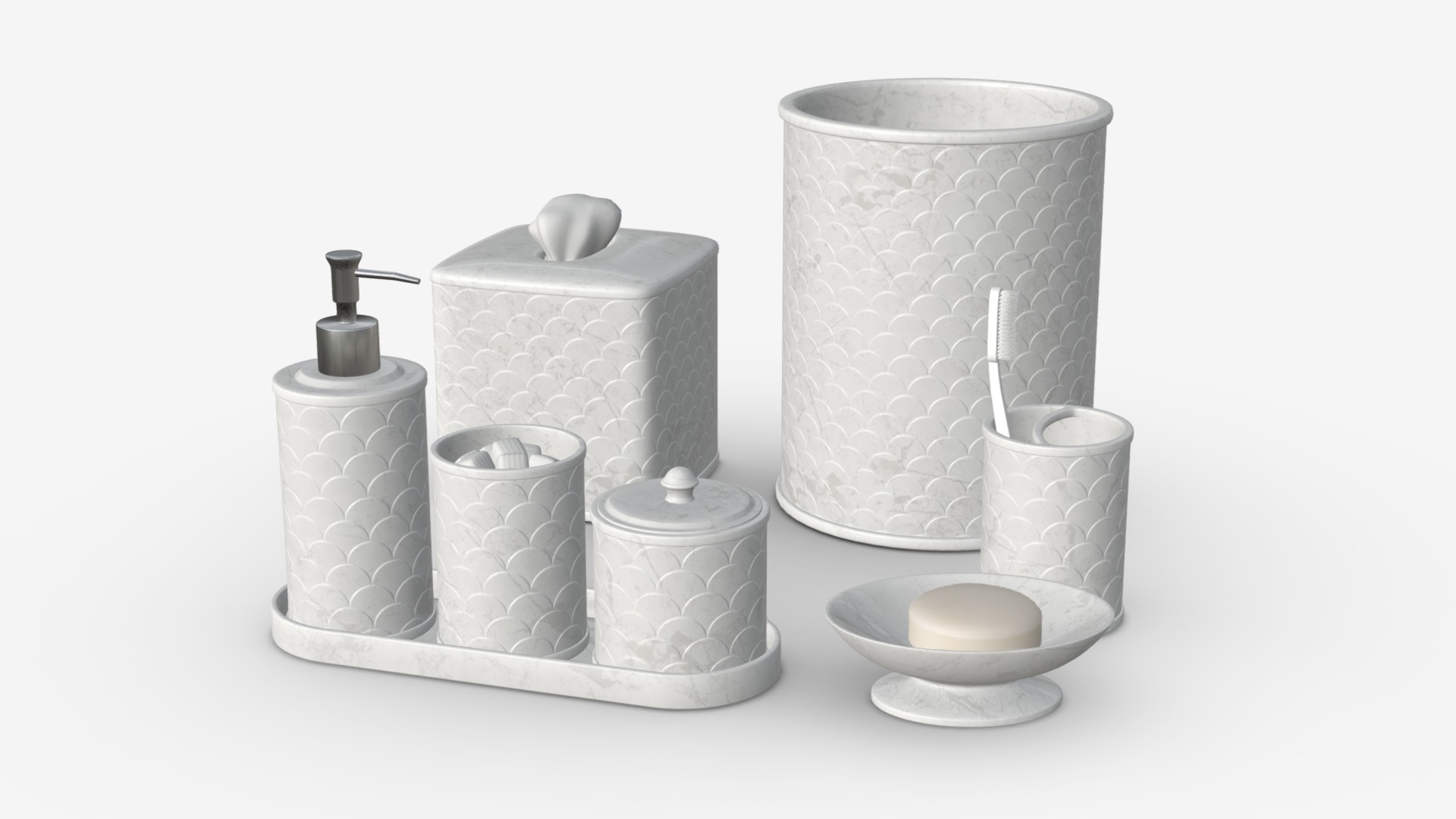 3D model Scala Ivory Porcelain Bath Accessories - This is a 3D model of the Scala Ivory Porcelain Bath Accessories. The 3D model is about a group of glass containers.