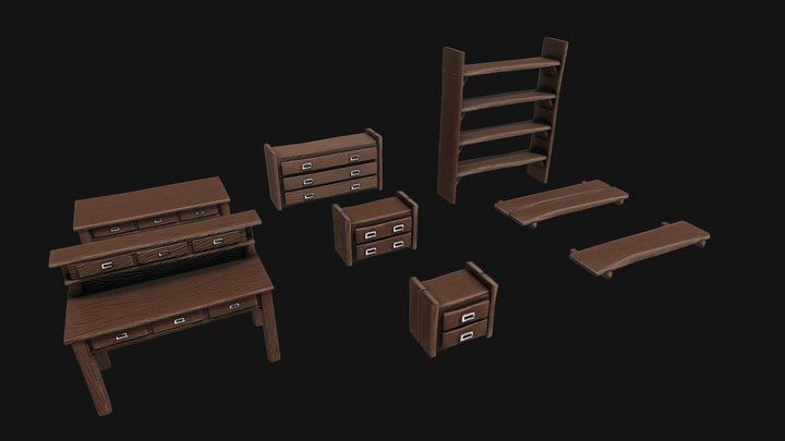 Set of stylized shelves and desks