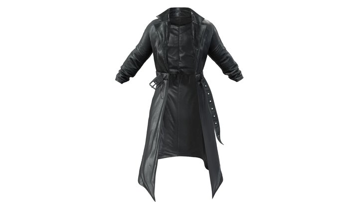 Female Long Black Leather Open Front Trench Coat 3D Model