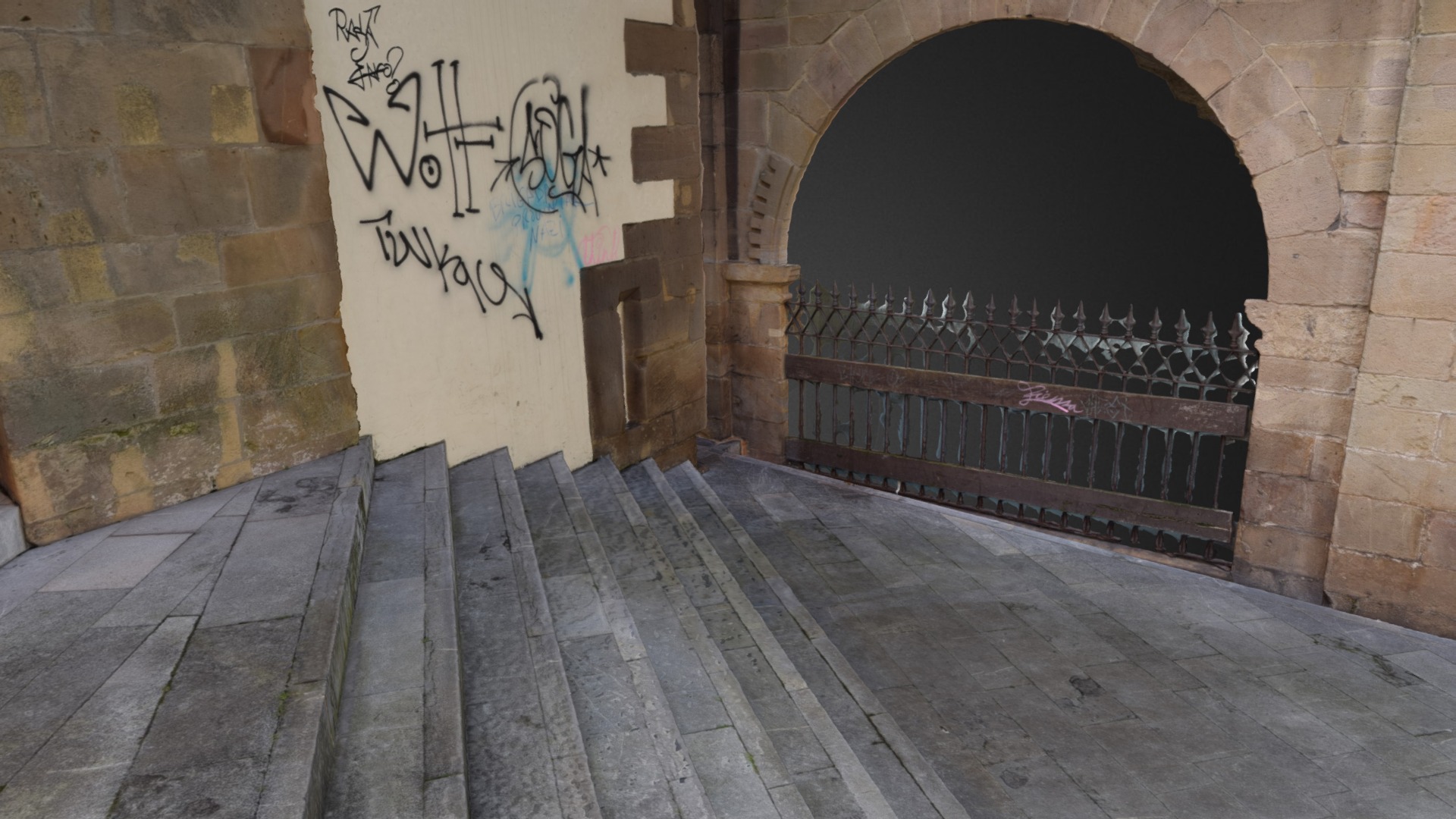 3D model Stairs and fence photogrammetry scan - This is a 3D model of the Stairs and fence photogrammetry scan. The 3D model is about a brick walkway with graffiti on it.