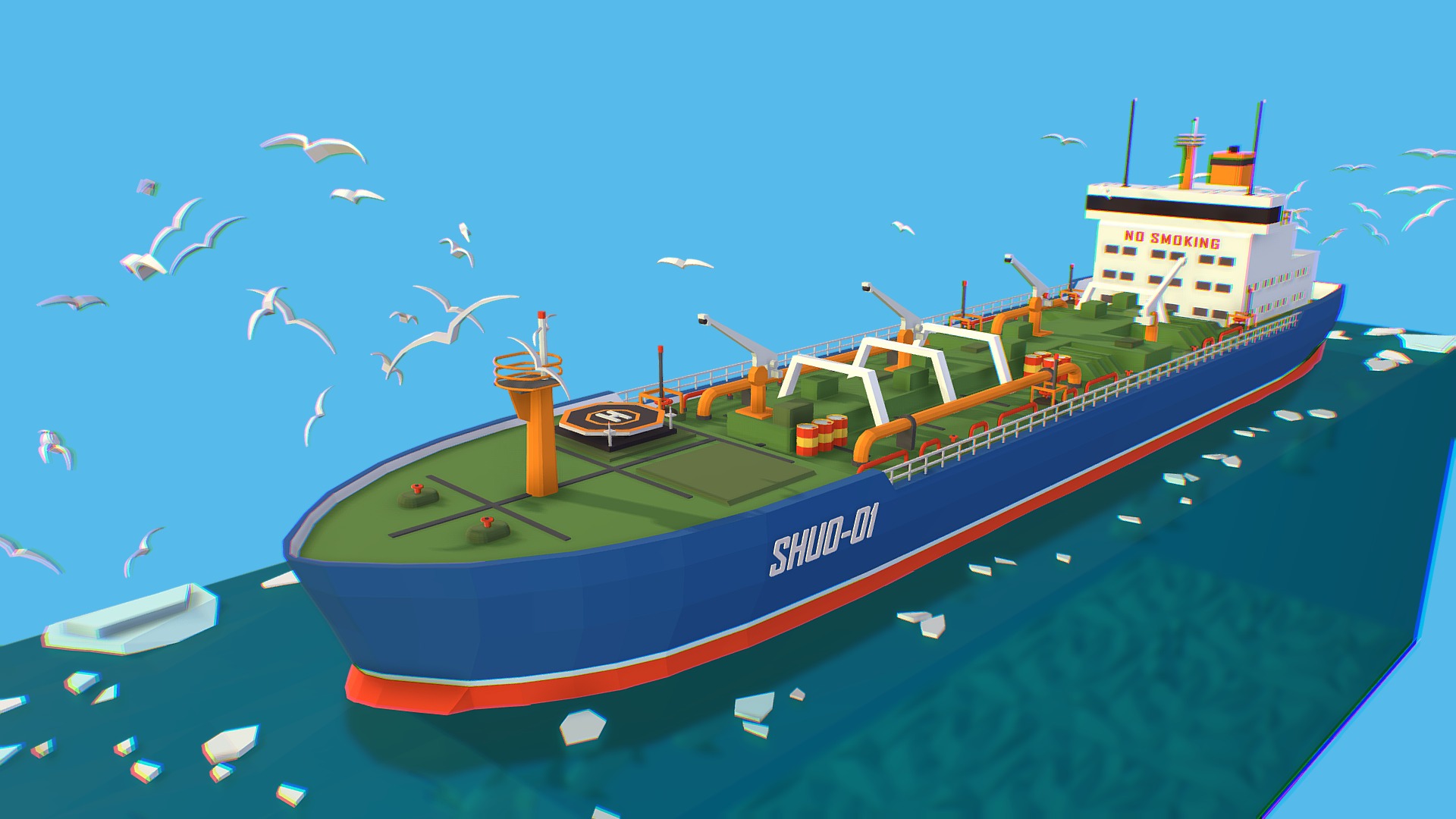 3D model Isometric Boat Ship Blue Oil Tanker in ocean - This is a 3D model of the Isometric Boat Ship Blue Oil Tanker in ocean. The 3D model is about a ship with many birds flying around it.