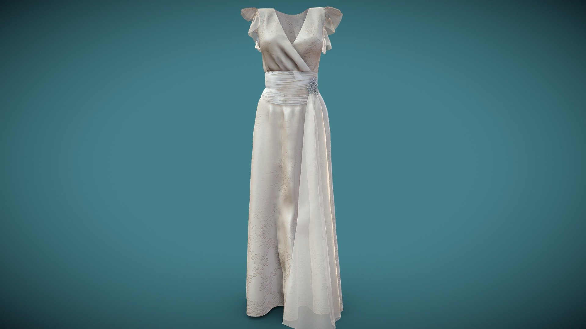 Ruffled Cap Sleeves Sash Belt Evening Dress — Sketchfab embed 3D viewer