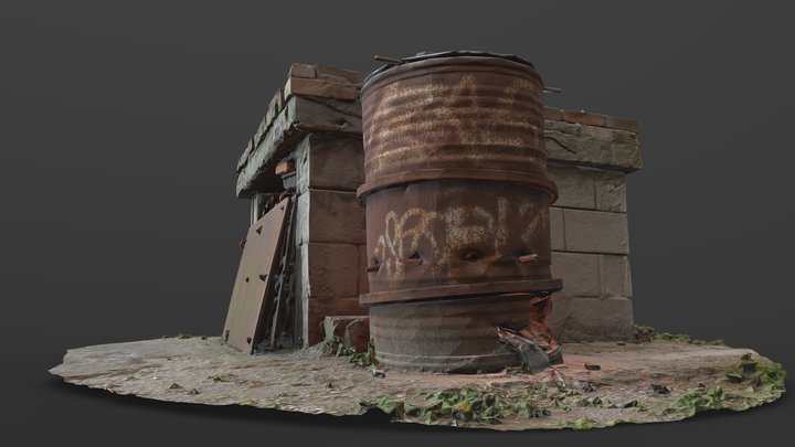 Rusty fire barrel barbecue place - low poly 3D Model