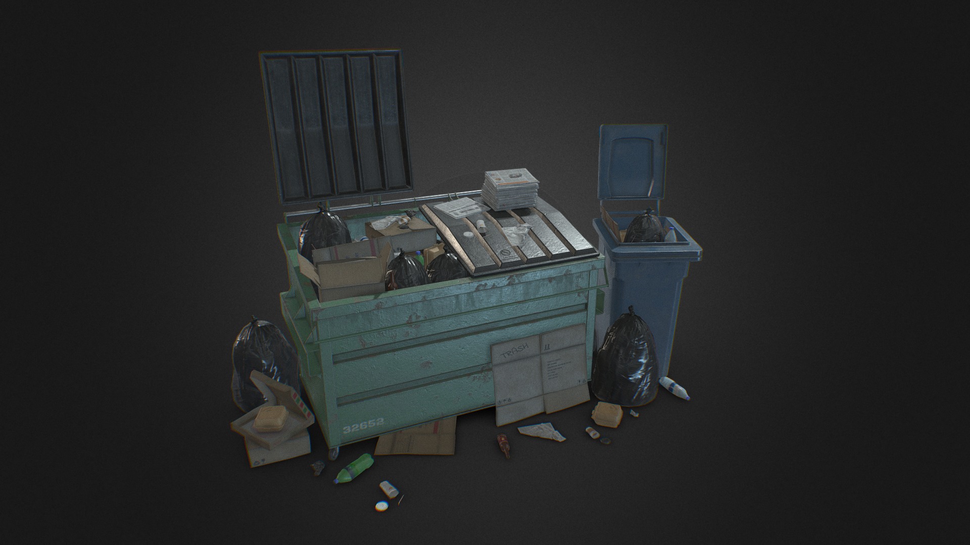 3D model Trash Props - This is a 3D model of the Trash Props. The 3D model is about a room with a desk and a chair and a trash can.