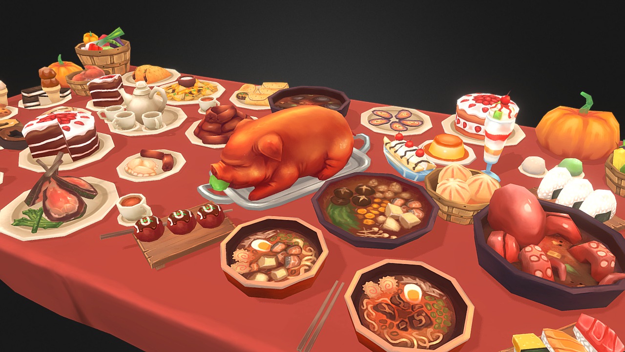 3D model Delicious Food Stuffz 02 - This is a 3D model of the Delicious Food Stuffz 02. The 3D model is about a table full of food.