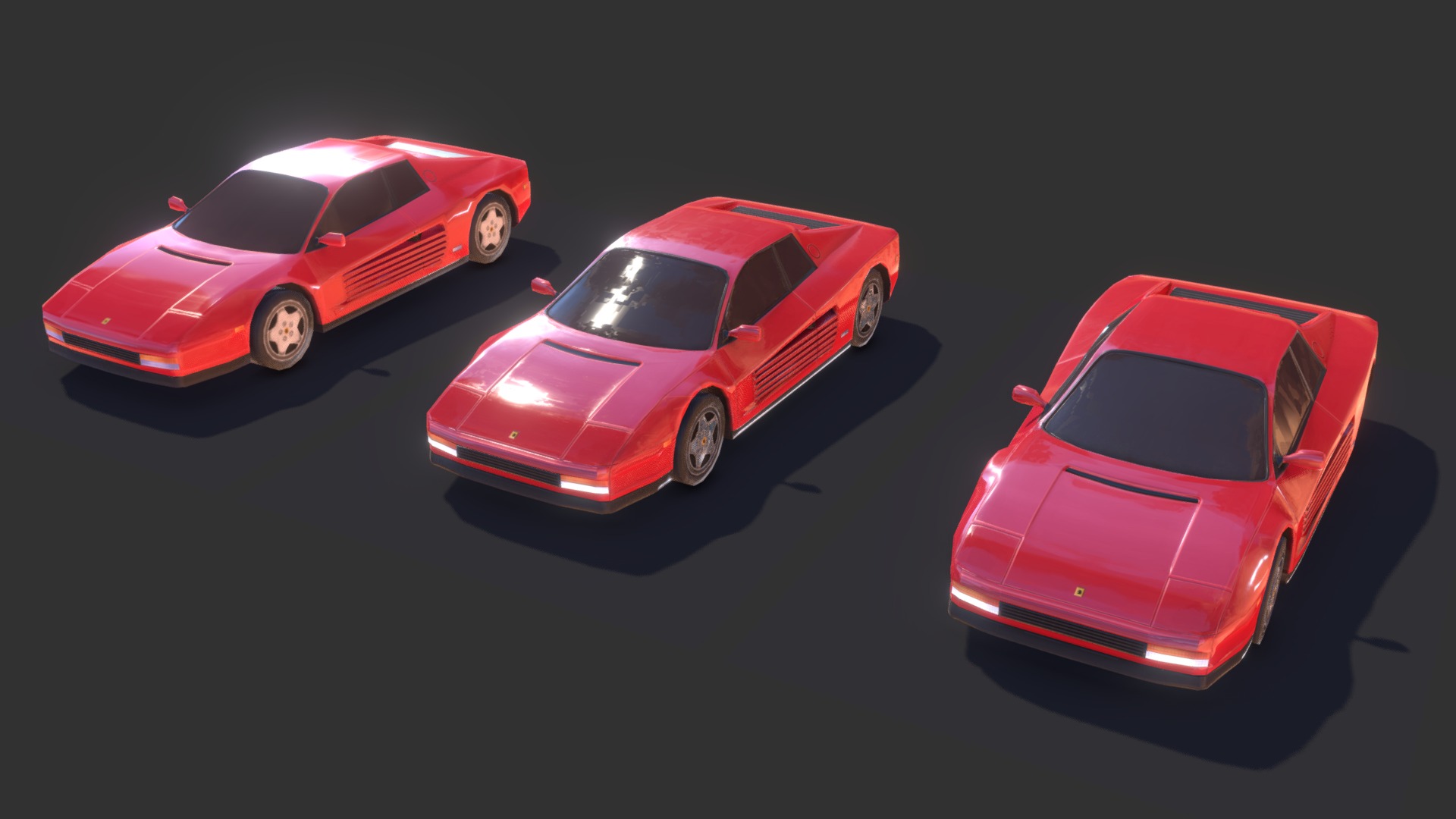 3D model Retrorunner Testarossa Low-Poly Pack - This is a 3D model of the Retrorunner Testarossa Low-Poly Pack. The 3D model is about a group of red cars.