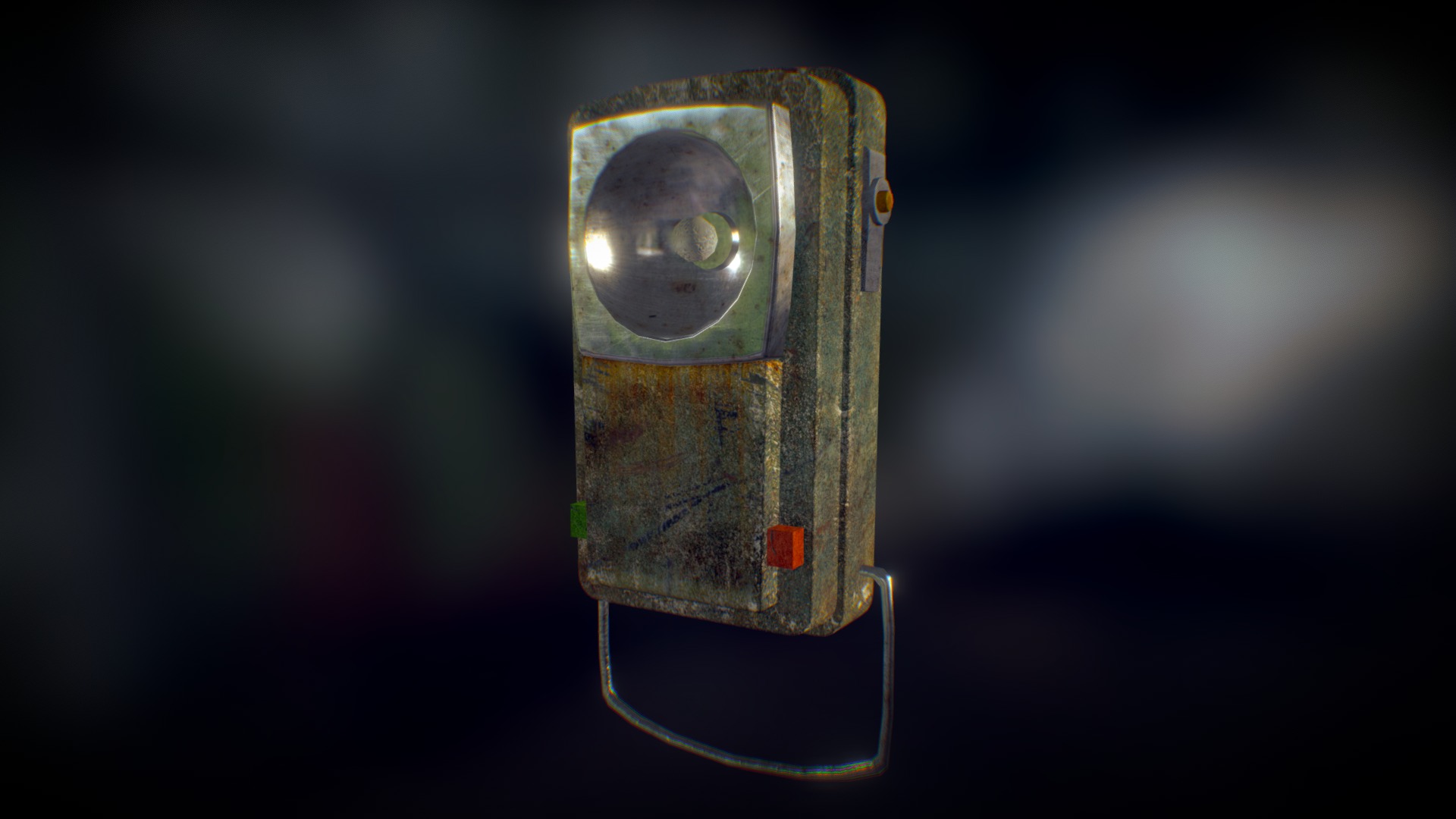 3D model Old Flashlight - This is a 3D model of the Old Flashlight. The 3D model is about a metal object with a round light.
