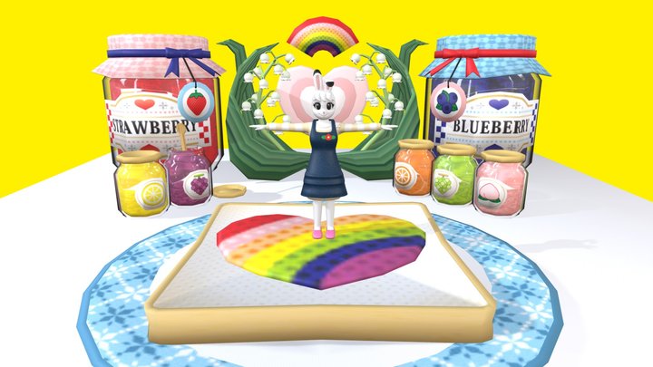 ローポリ背景ステージ「虹色幸せジャムステージ」（オリジナルデザイン）＆緑原れんげ（二次創作） 3D Model