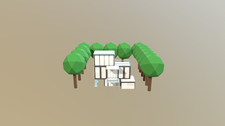 Modern Home with Trees & garage 3D Model