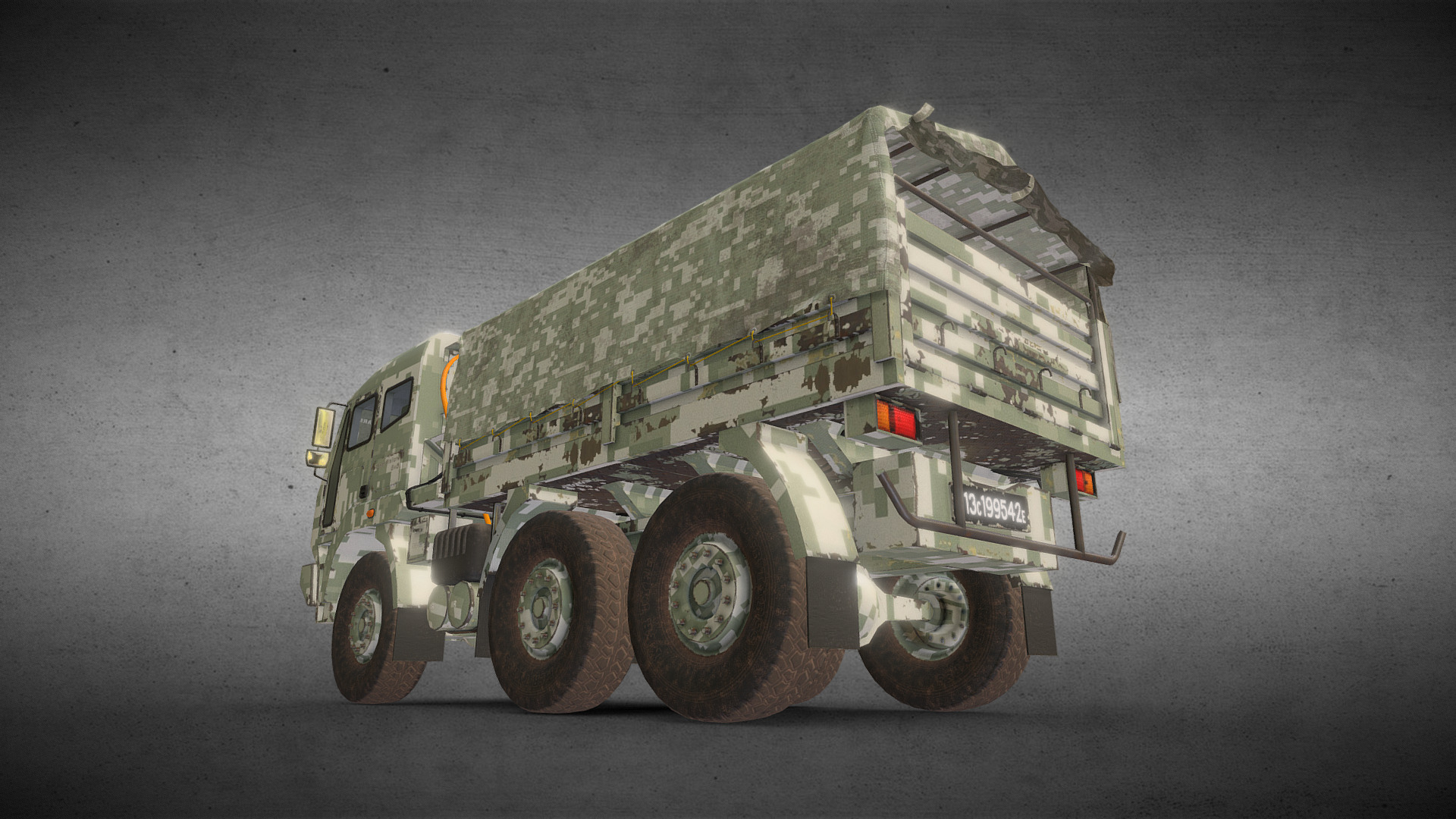 3D model 6×6 Military Truck Variation 5 +Rolled Tarpaulin - This is a 3D model of the 6x6 Military Truck Variation 5 +Rolled Tarpaulin. The 3D model is about a military vehicle on a grey surface.
