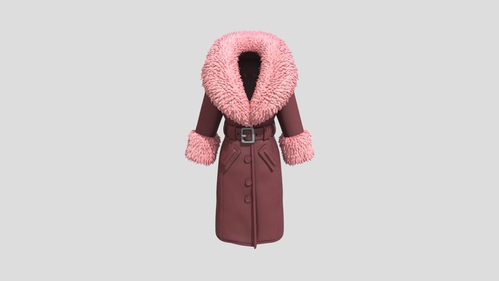 Long Maroon Penny-Lane Leather Winter Coat 3D Model