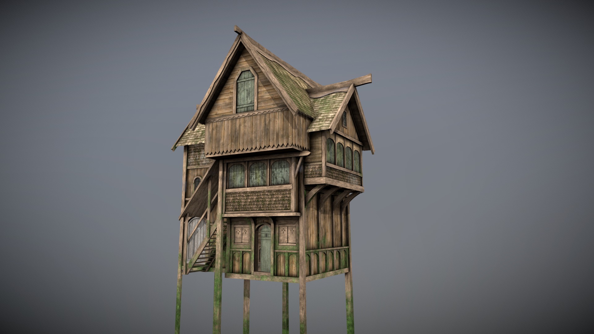 3D model Medieval Lake Village – House 5 with interiors - This is a 3D model of the Medieval Lake Village - House 5 with interiors. The 3D model is about a wooden house on a pole.