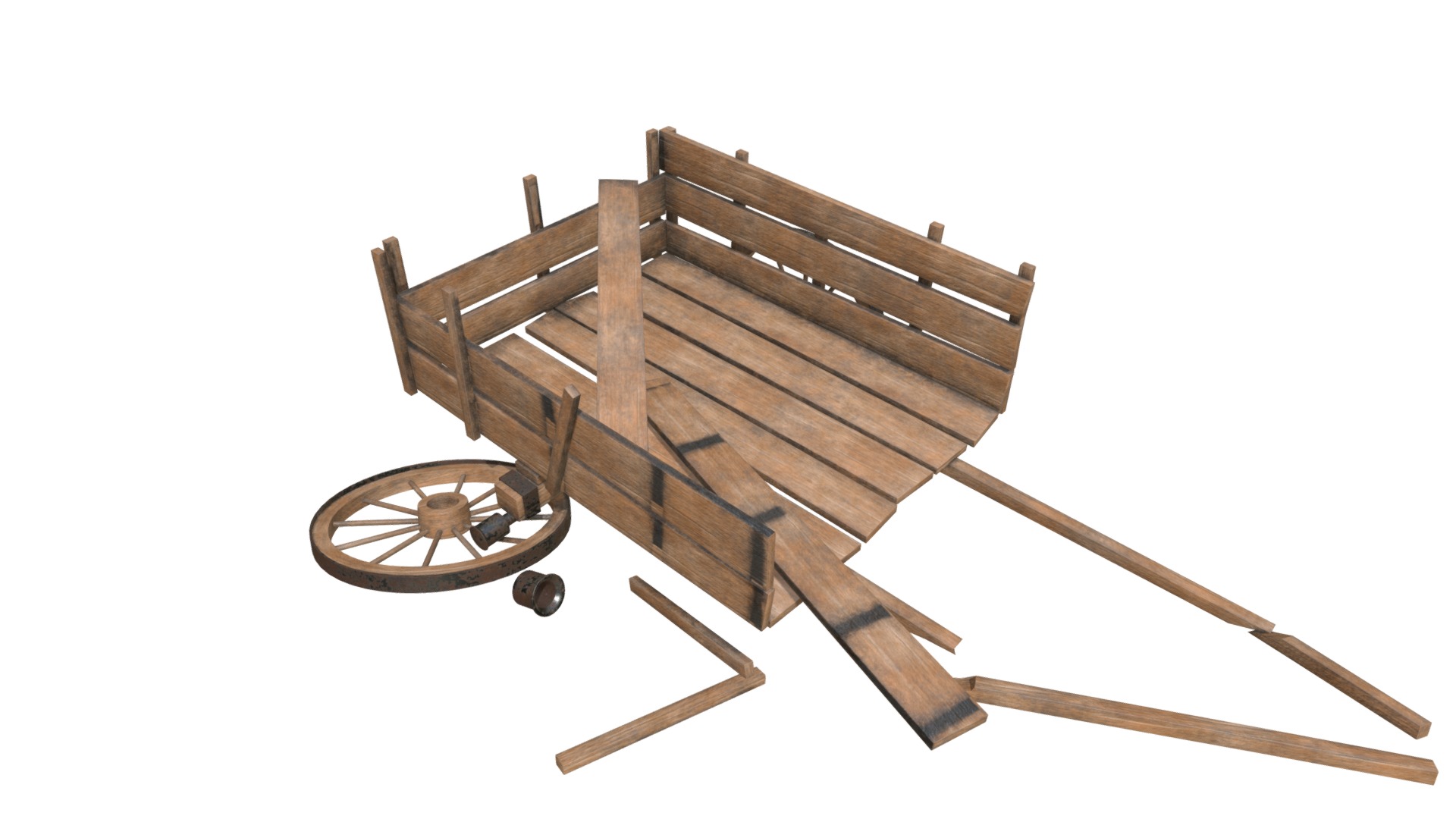 3D model Wooden cart broken 2 - This is a 3D model of the Wooden cart broken 2. The 3D model is about a wooden table with a wheel.