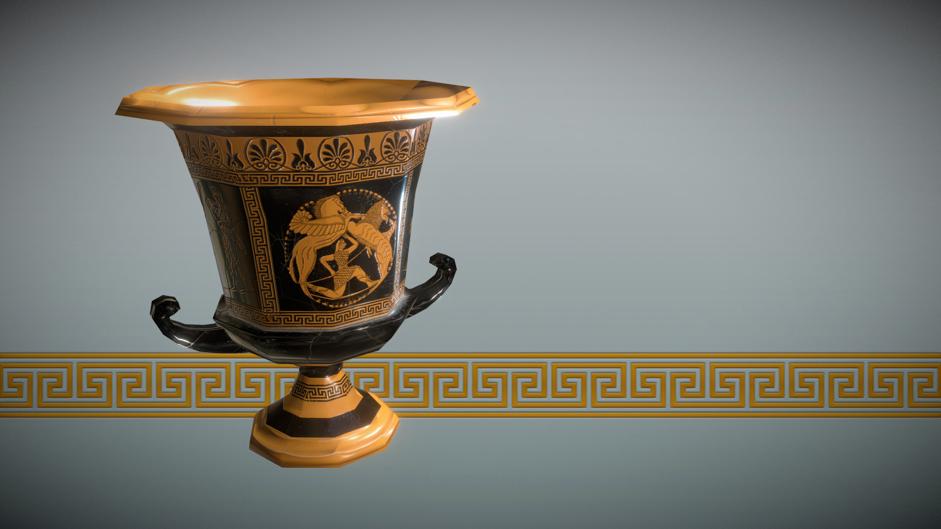 3D model Greek Pottery: Calyx Krater - This is a 3D model of the Greek Pottery: Calyx Krater. The 3D model is about a gold and black trophy.
