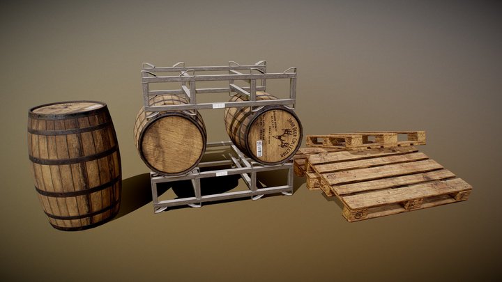 Euro Pallete, Whiskey Barrels & Rack 3D Model