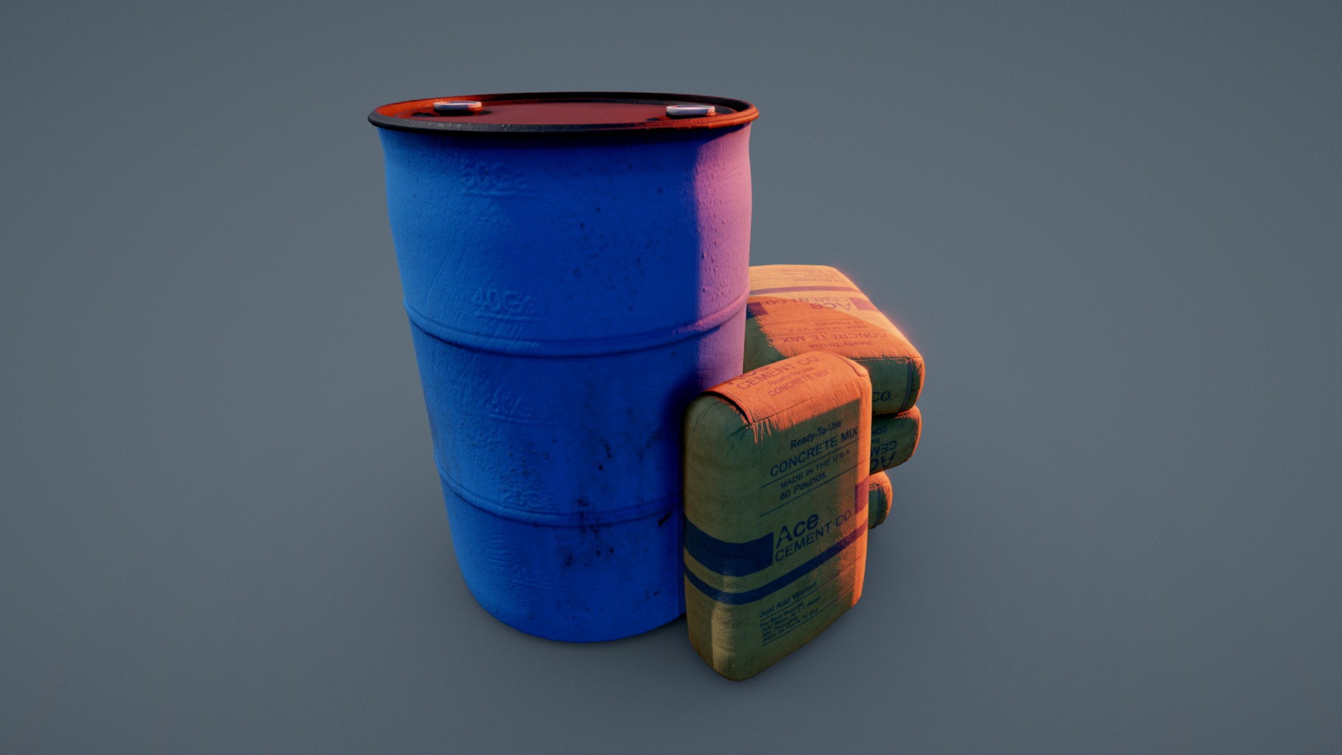3D model Water Barrel & Concrete Mix - This is a 3D model of the Water Barrel & Concrete Mix. The 3D model is about a blue and red container.