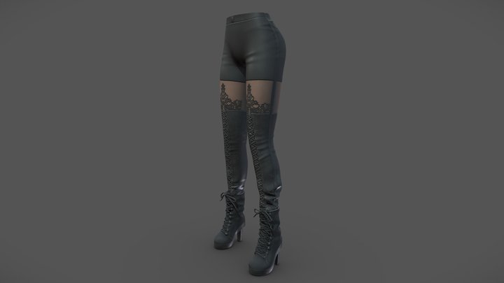 Female Black High Heel Boots Stockings Shorts 3D Model