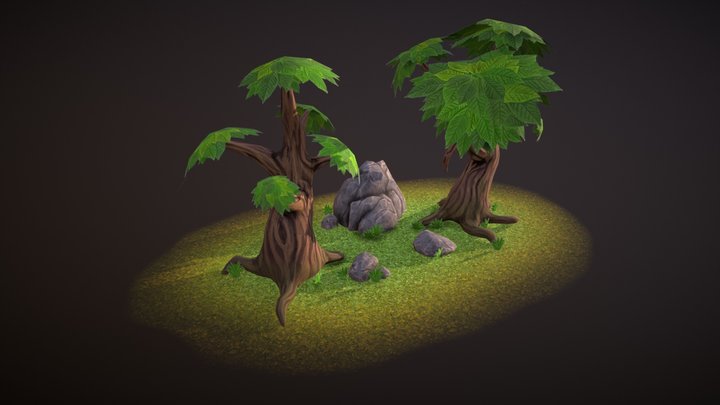Set of lowpoly trees & rocks 3D Model