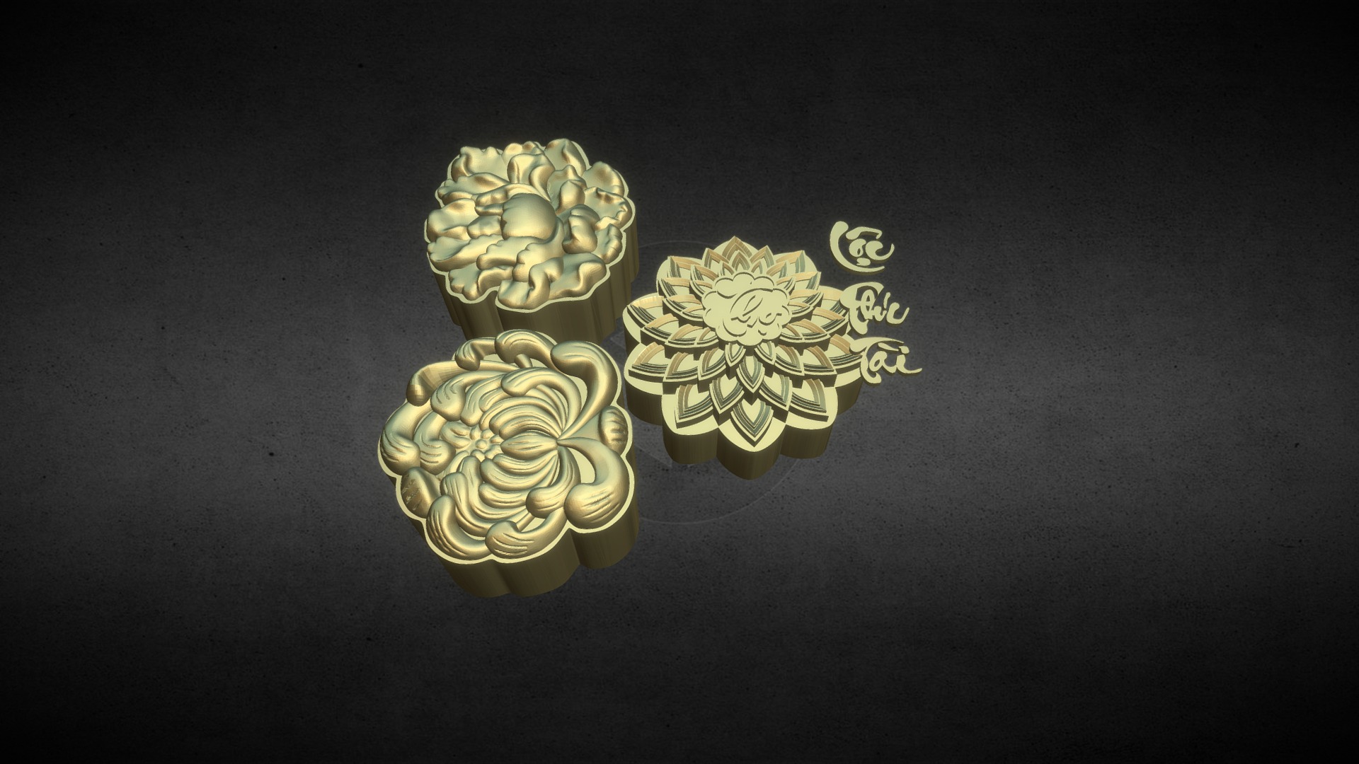 3D model MOON CAKE MOULD – Kinds of Vietnamese Mooncakes - This is a 3D model of the MOON CAKE MOULD - Kinds of Vietnamese Mooncakes. The 3D model is about a pair of gold and green earrings.