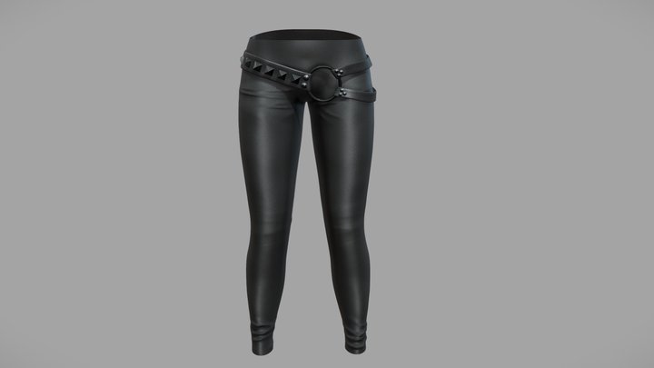 Female Black Leather Pants With Studded Belts 3D Model