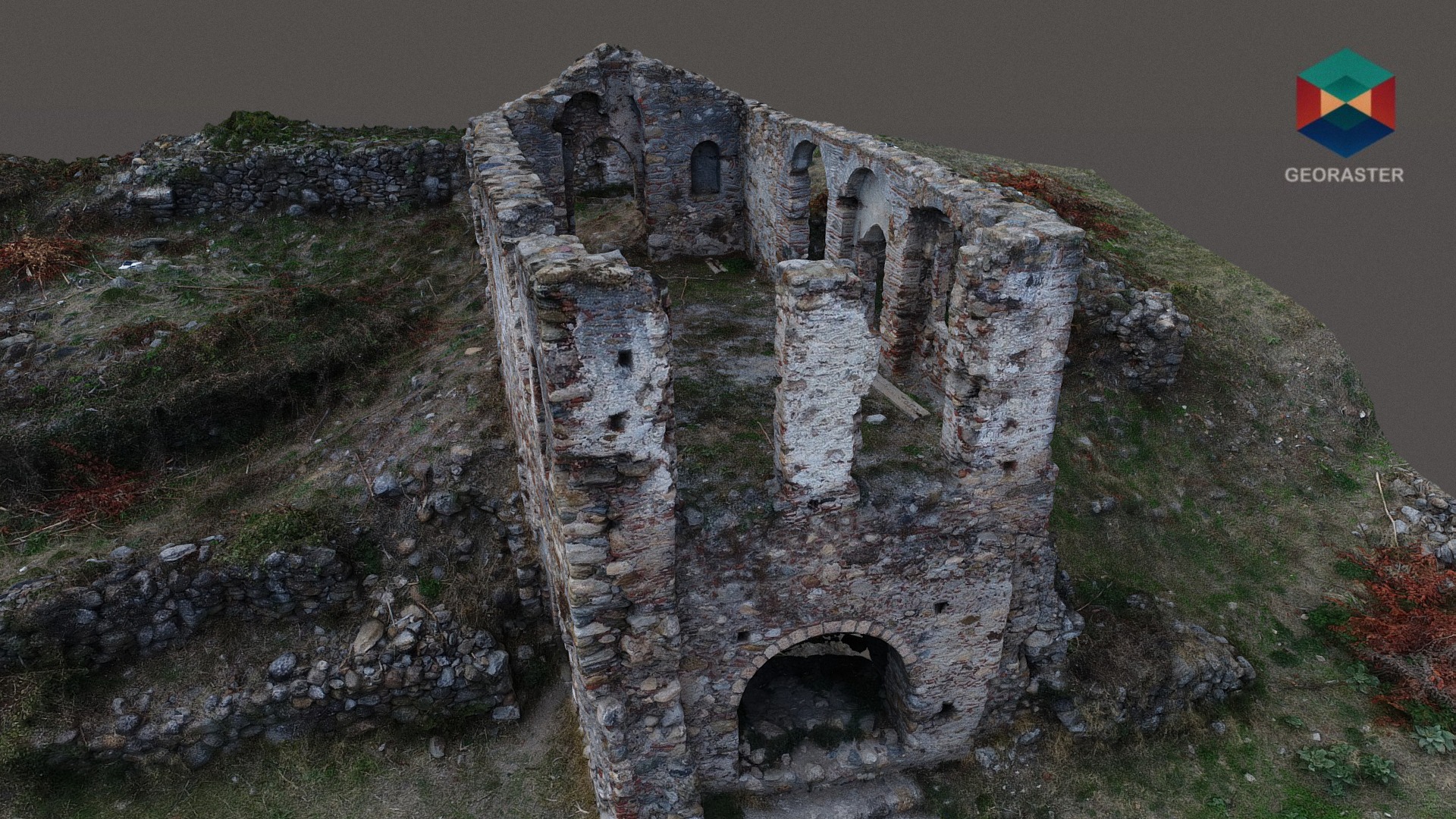 3D model Ruined Building Survey - This is a 3D model of the Ruined Building Survey. The 3D model is about a stone building on a hill.