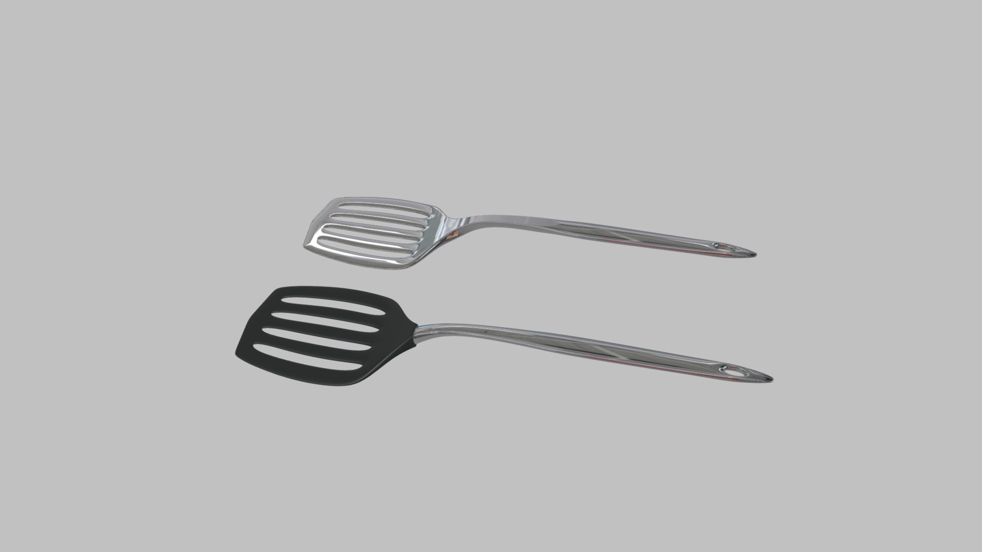 3D model Metallic and plastic Spatulas - This is a 3D model of the Metallic and plastic Spatulas. The 3D model is about a silver fork with a black handle.